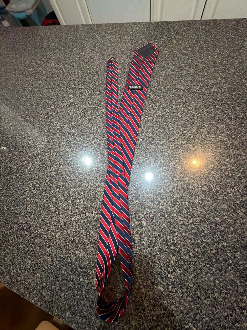 George Men's Red and Navy Diagonal Striped 100% Silk Necktie